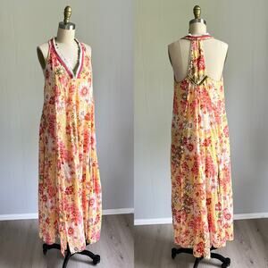 Poupette St Barth Nava Maxi Dress XS Gold Orchid Slits Fringe Beachy Flowy Boho‎